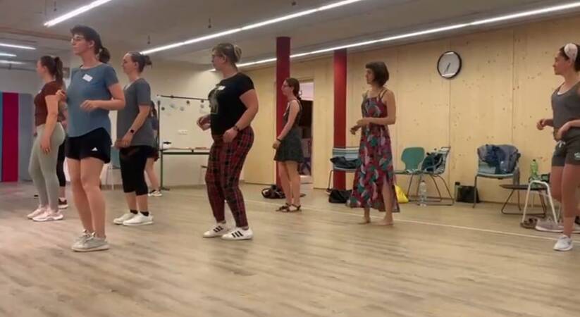 Mehrere Personen stehen in sportlicher Kleidung in einer Reihe in einem Tanzstudio und führen gemeinsam eine Tanzchoreografie aus.